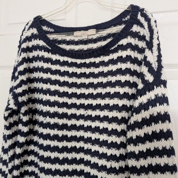 LOFT Stripe Crochet Knit Sweater Womens Size Large Blue White Nautical Casual - Picture 2 of 10